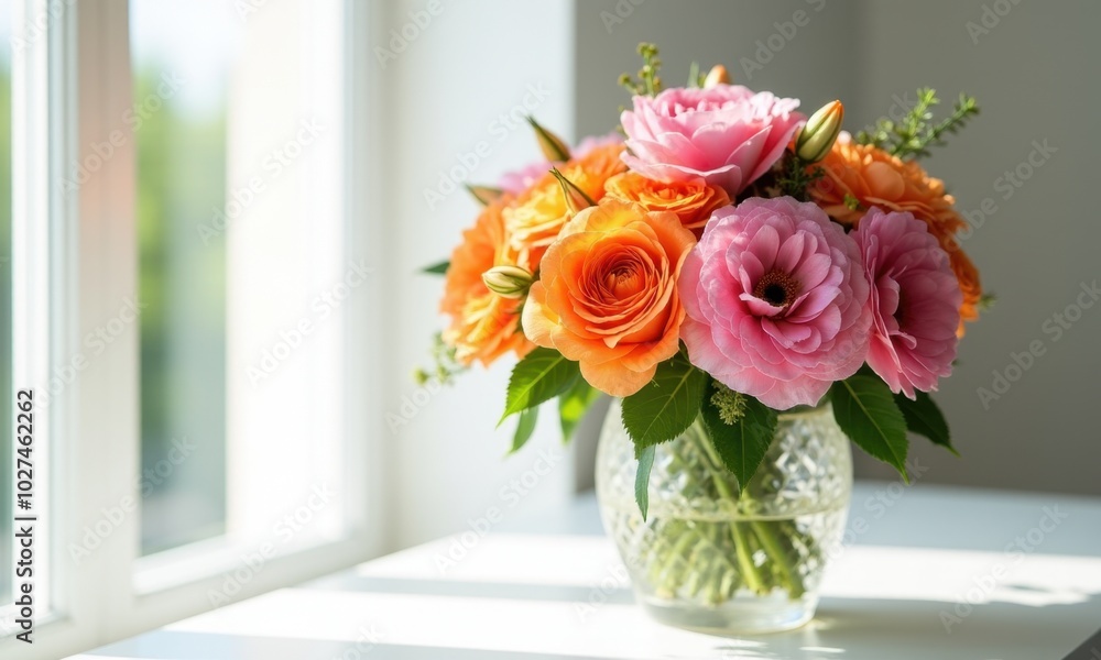 Orange gerberas and pink roses in a clear vase on a white background. Orange gerberas and pink roses in a clear vase on a white background.