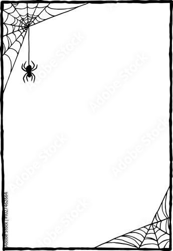 Frame with cobweb and a spider is hanging down. Halloween poster with scary and spooky design.