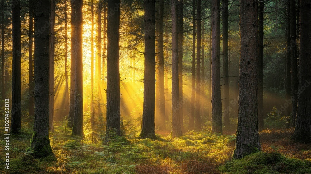 Obraz premium Golden Sunlight Through Forest Trees