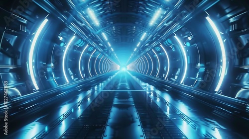 Futuristic sci fi tunnel with neon blue lights a stunning visual for banner design and atmosphere