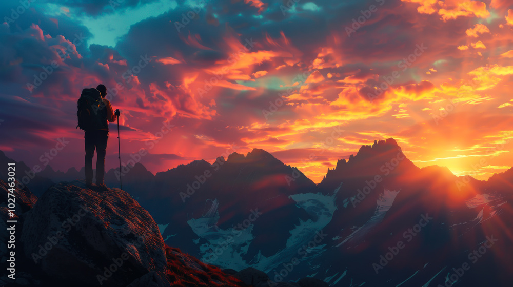 Hiker enjoys a breathtaking sunset while standing on a mountain trail in the Alps Hiker enjoys a breathtaking sunset while standing on a mountain trail in the Alps