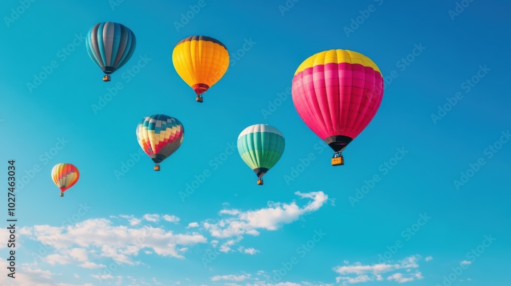 Colorful hot air balloons ascend joyfully into a bright blue sky, creating a picturesque scene under the warm sun. Generative AI Colorful hot air balloons ascend joyfully into a bright blue sky, creating a picturesque scene under the warm sun. Generative AI