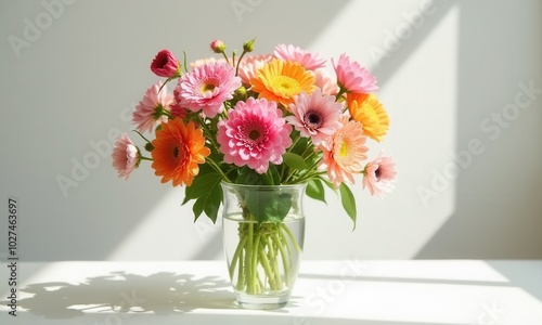 Roses and gerberas in a vase on a light background.