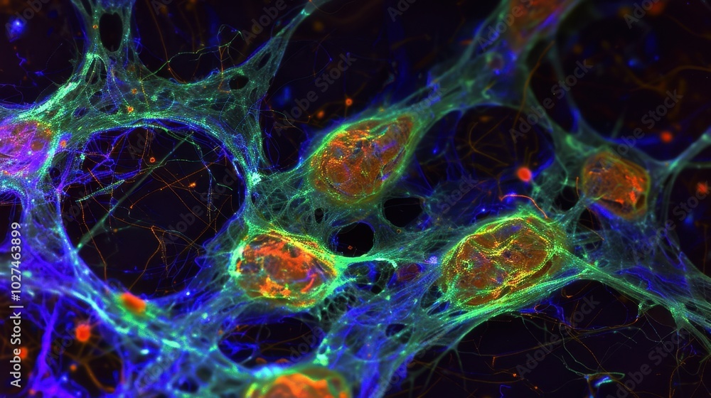 Fototapeta premium Neuroblastoma Cells: These immature nerve cells are mostly found in infants and young children, typically arising in the adrenal glands and spreading elsewhere. 