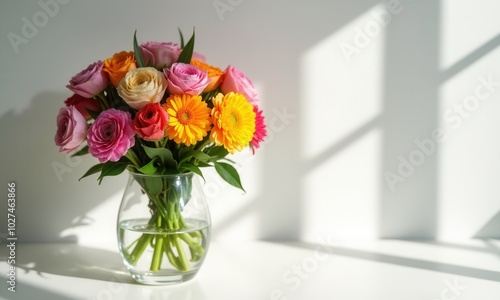 Wallpaper Mural A combination of pink roses and orange gerberas in a clear vase. Torontodigital.ca