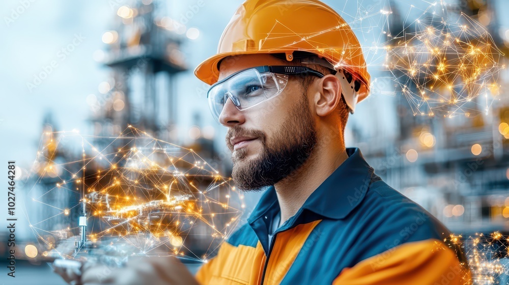 Engineer inspecting oil rig amidst energy networks and ocean landscapes during daytime exploration Engineer inspecting oil rig amidst energy networks and ocean landscapes during daytime exploration