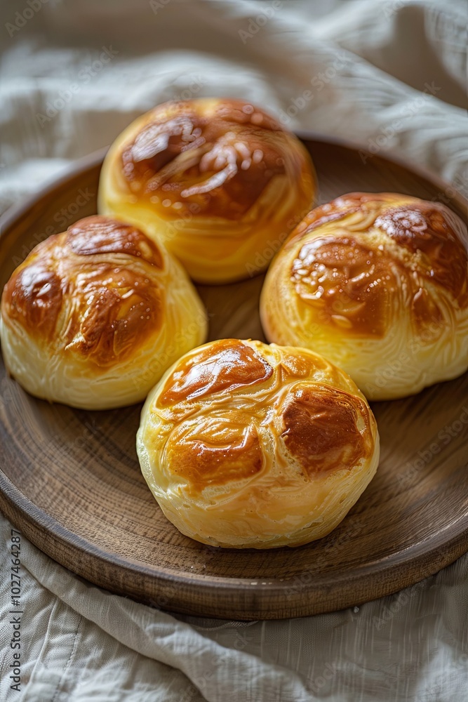 Four freshly baked golden brown dinner rolls on a wooden plate. Four freshly baked golden brown dinner rolls on a wooden plate.