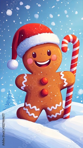 A smiling gingerbread man in a Santa hat stands in the snow with a candy cane, looking up at the falling snow.