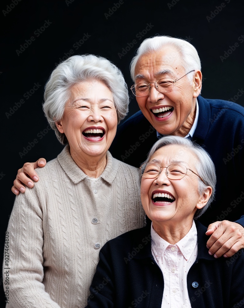 Grandparents laughing heartily on plain black background Grandparents laughing heartily on plain black background