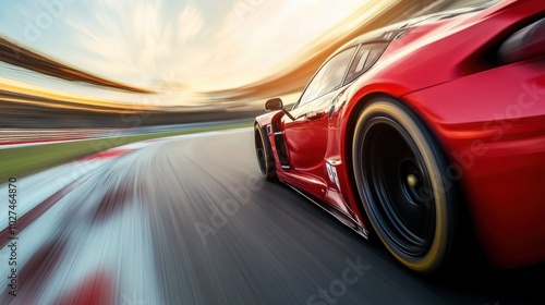  race car zooming down a track at extreme speed, the blurred background enhancing the sense