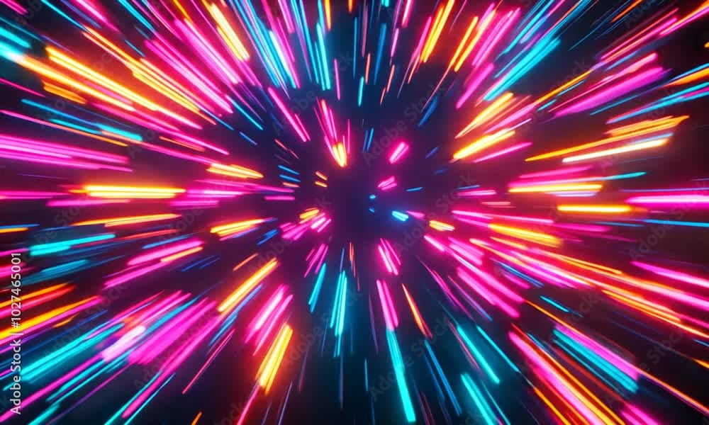 Neon Burst: Abstract Speed of Light. Dynamic streaks of vibrant neon pink, blue, and orange converge in a dazzling burst of light against a dark background. Neon Burst: Abstract Speed of Light. Dynamic streaks of vibrant neon pink, blue, and orange converge in a dazzling burst of light against a dark background.