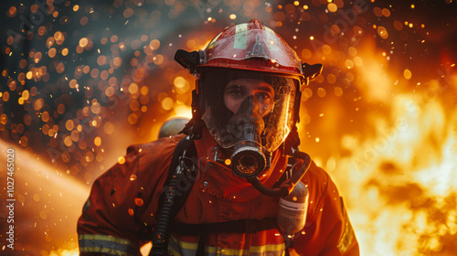 Brave firefighters extinguish a fire in a wet city, wearing protective gear and using hoses to control the blaze under dim lights. photo