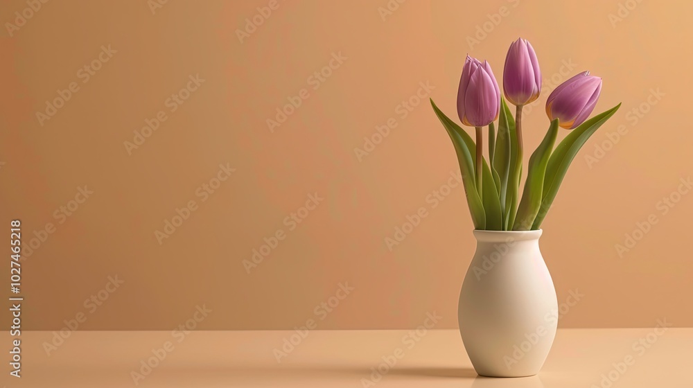 Fototapeta premium Three pink tulips in a white vase against a light orange background.