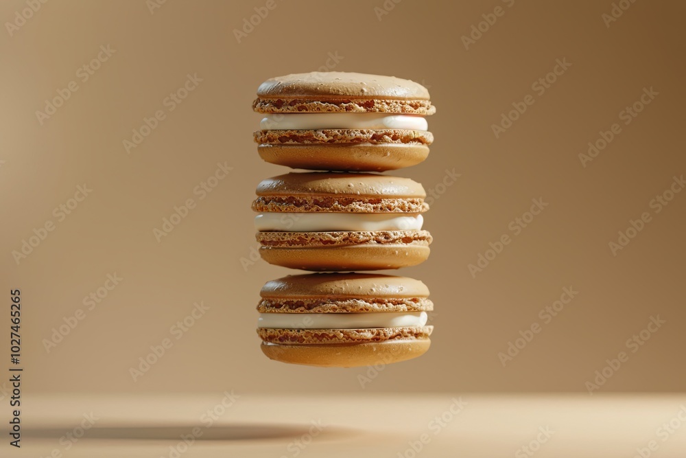 Three stacked brown macarons with white buttercream filling, floating against a beige background. Three stacked brown macarons with white buttercream filling, floating against a beige background.