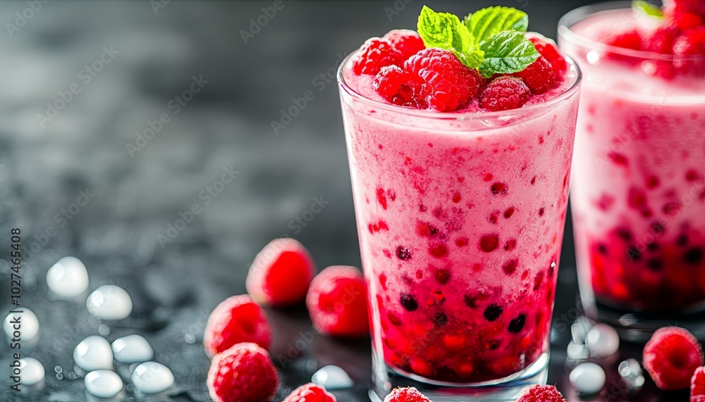 Two glasses of raspberry smoothies with fresh raspberries and mint leaves on a dark background. Two glasses of raspberry smoothies with fresh raspberries and mint leaves on a dark background.