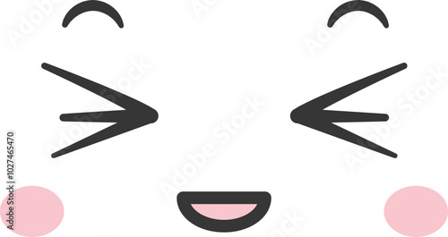 A cheerful cartoon face features closed eyes raised eyebrows and blushing cheeks expressing joy and positivity. Ideal for designs needing a friendly touch.