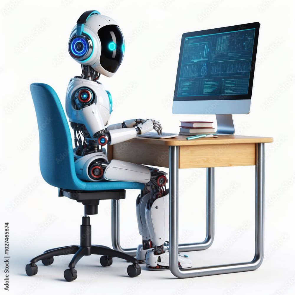 a robot student at his desk, isolated a robot student at his desk, isolated