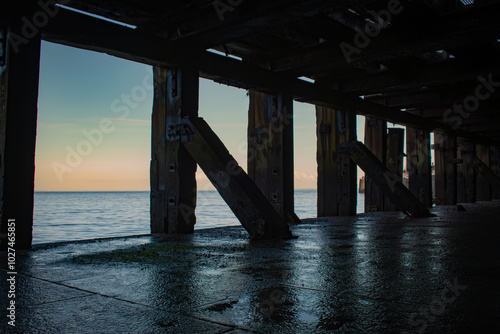 landscape under beach pier beams looking out at horizon at sunset and coastline