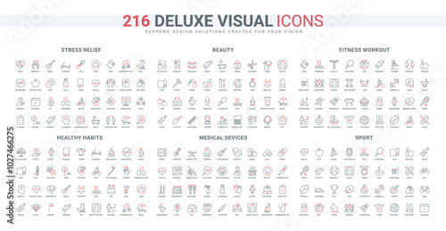 Healthy lifestyle, medical and health gadgets, sport workout and games line icon set. Weight control and stress relief, beauty salon and gym thin black and red outline symbols vector illustration