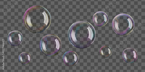 Water bubbles float in a isolated background. Soap suds texture ball with rainbow colors. Realistic clean clear shampoo foam purified water. Bathroom beads, bath bomb, soapy fun, and laundry poster