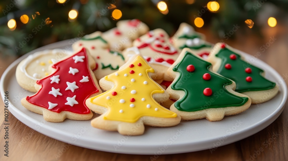 A plate of Christmas cookies shaped like trees, decorated with vibrant icing and sprinkles, captures the festive holiday spirit and delicious homemade treats. A plate of Christmas cookies shaped like trees, decorated with vibrant icing and sprinkles, captures the festive holiday spirit and delicious homemade treats.