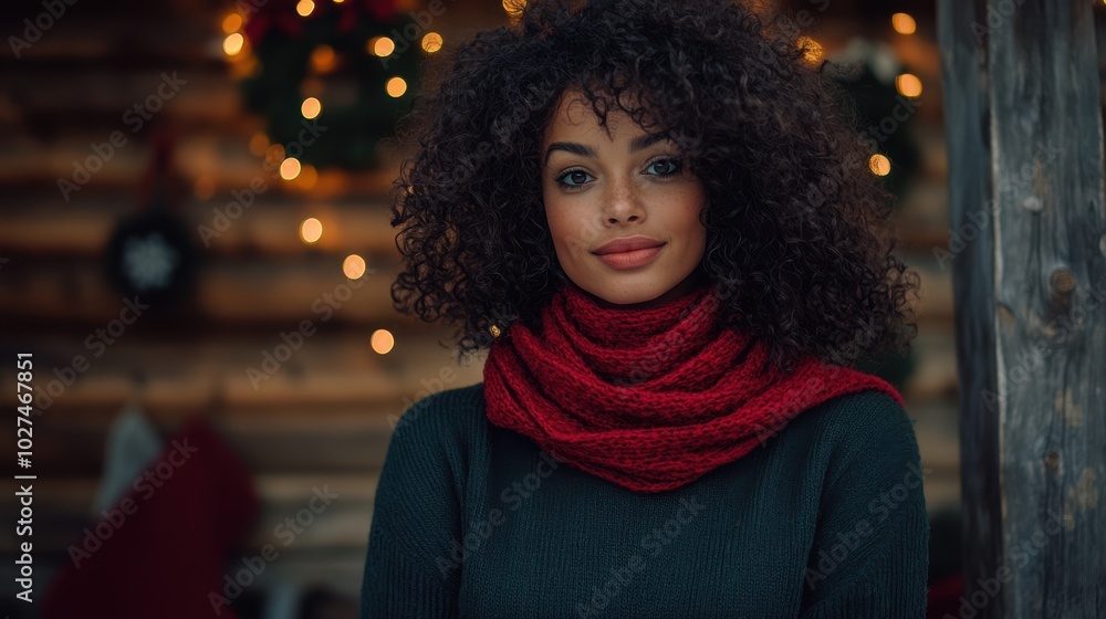 Half body shot of a Brazilian woman with curly hair, wearing a bright red scarf over a dark green sweater, standing in front of a rustic wooden cabin with Christmas lights and a wreath, copy space Half body shot of a Brazilian woman with curly hair, wearing a bright red scarf over a dark green sweater, standing in front of a rustic wooden cabin with Christmas lights and a wreath, copy space