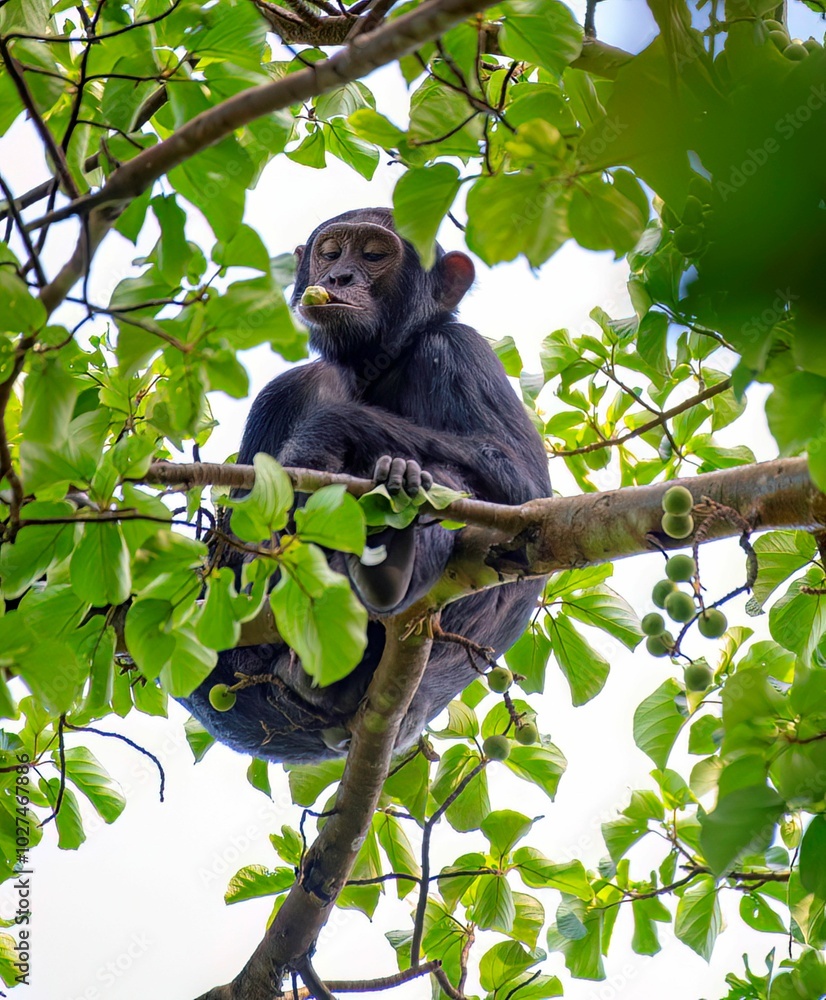 Chimpanzee on a fig tree at the Budongo forest in Murchison falls national park in Uganda Chimpanzee on a fig tree at the Budongo forest in Murchison falls national park in Uganda
