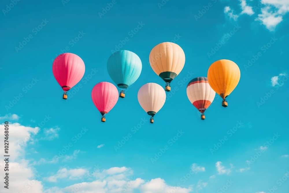 A vibrant collection of hot air balloons drifts peacefully against a clear blue sky, creating a joyful spectacle during the afternoon. Generative AI A vibrant collection of hot air balloons drifts peacefully against a clear blue sky, creating a joyful spectacle during the afternoon. Generative AI