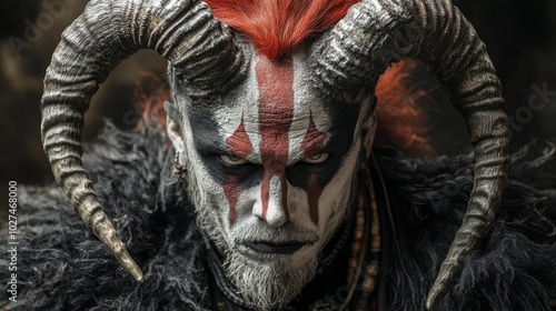 A fantasy character with red hair and horns, dressed in dark attire with fierce makeup, conveying intimidation, power, and mythical presence in a dramatic scene. photo