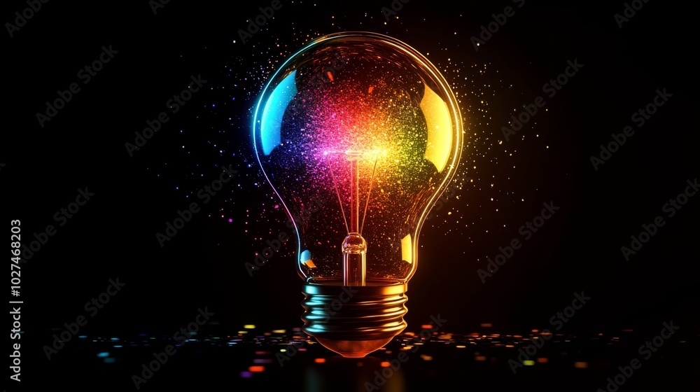 A radiant light bulb glows against a black background, emitting vibrant rainbow colors and symbolizing creativity and innovation through dynamic hues. A radiant light bulb glows against a black background, emitting vibrant rainbow colors and symbolizing creativity and innovation through dynamic hues.