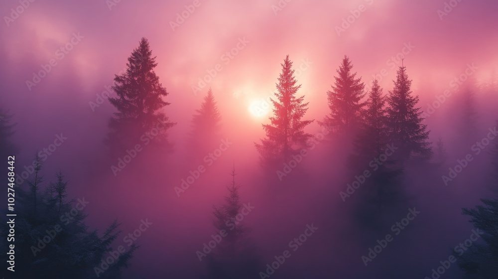 The sunrise creates a breathtaking scene as its light pierces through mist-laden pine trees, enveloping the landscape with hues of pink and purple in a mystical embrace. The sunrise creates a breathtaking scene as its light pierces through mist-laden pine trees, enveloping the landscape with hues of pink and purple in a mystical embrace.