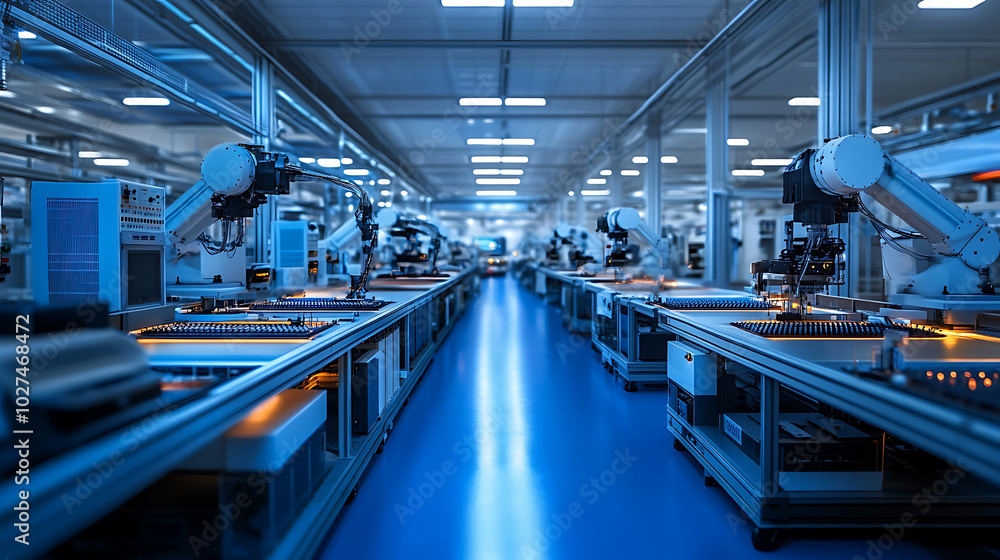Electronics Manufacturing Factory: A cleanroom in an electronics factory, with workers (not visible) operating precision machinery. Robotic arms delicately place microchips onto circuit boards, Electronics Manufacturing Factory: A cleanroom in an electronics factory, with workers (not visible) operating precision machinery. Robotic arms delicately place microchips onto circuit boards,