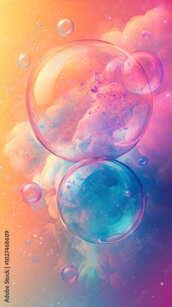 Abstract background of colorful bubbles floating in a liquid, with pink, blue, and orange hues. Abstract background of colorful bubbles floating in a liquid, with pink, blue, and orange hues.