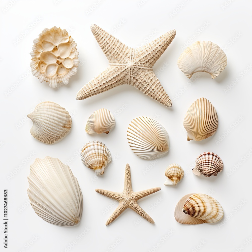 Set of exotic sea shells on white background. Set of exotic sea shells on white background.