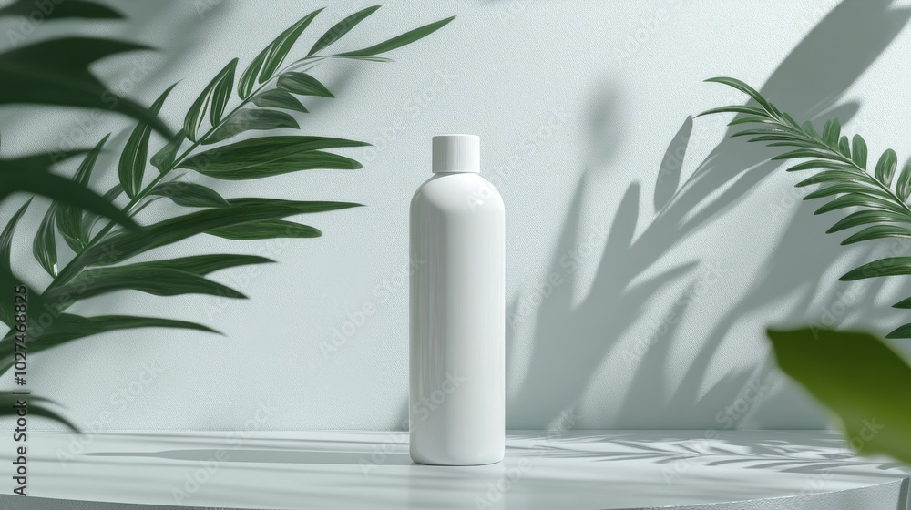 A sleek white bottle is displayed with soft shadows from surrounding leaves, set against a minimalist light backdrop, creating an inviting, clean aesthetic. A sleek white bottle is displayed with soft shadows from surrounding leaves, set against a minimalist light backdrop, creating an inviting, clean aesthetic.