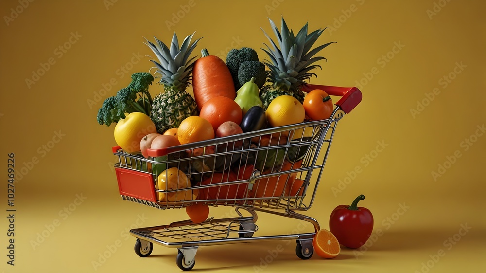 A shopping cart brimming with vibrant fruits and vegetables, including oranges, pineapples, and carrots, set against a bright yellow background, promoting a healthy lifestyle A shopping cart brimming with vibrant fruits and vegetables, including oranges, pineapples, and carrots, set against a bright yellow background, promoting a healthy lifestyle
