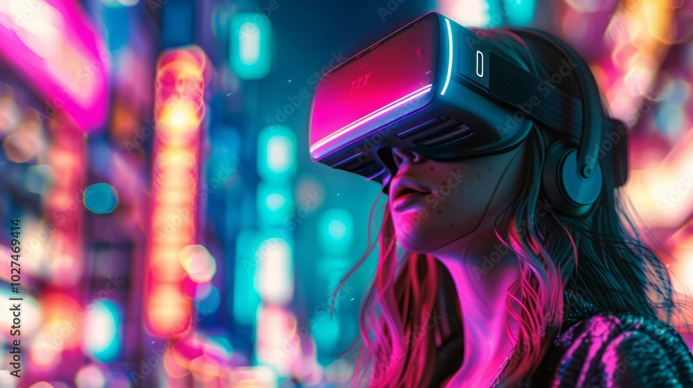 a girl wearing virtual reality glasses with bokeh background a girl wearing virtual reality glasses with bokeh background