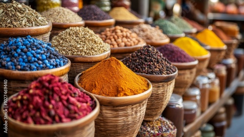 A bustling spice market features an array of colorful spices, showcasing the diversity and richness of global flavors and culinary inspirations. photo