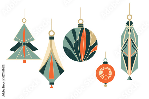 Vector Christmas glass tree toys in Art Deco style. Hand drawn doodle with flat elegant festive New Year decor. Modern winter Xmas set for design, flyer, paper, card, poster, print, congratulation