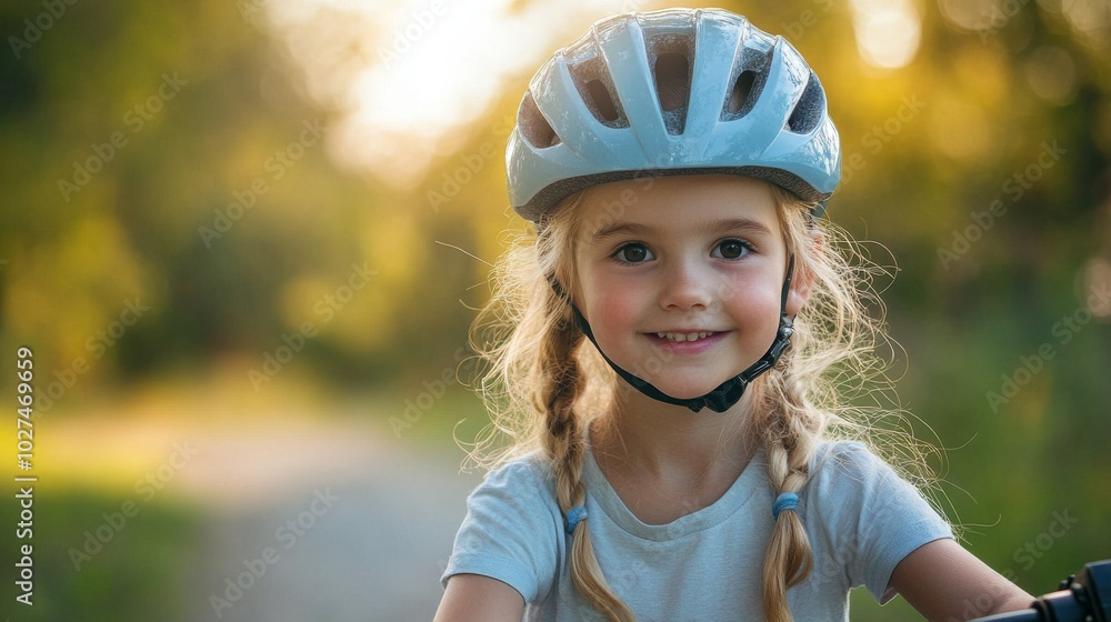 A joyful young girl with braided hair, wearing a helmet, is smiling cheerfully while sitting on her bicycle in a sunlit natural setting, embodying innocence and joy. A joyful young girl with braided hair, wearing a helmet, is smiling cheerfully while sitting on her bicycle in a sunlit natural setting, embodying innocence and joy.
