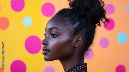 A stunning profile image of a woman against a vibrant, colorful polka dot background, emphasizing her elegance and the vividness of the scene.