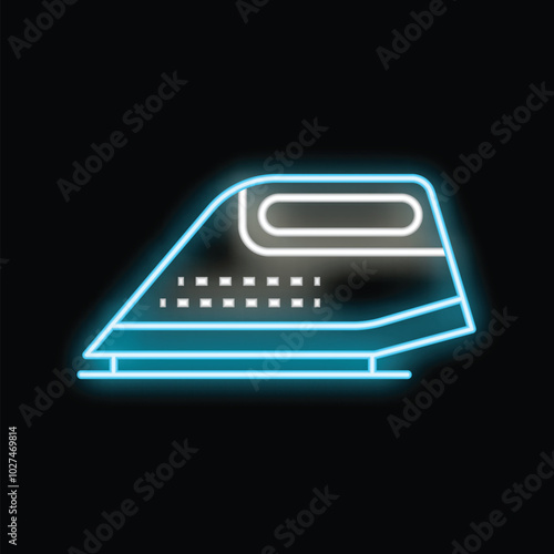 Blue and white neon sign glowing on a black background, shaped like a clothes iron