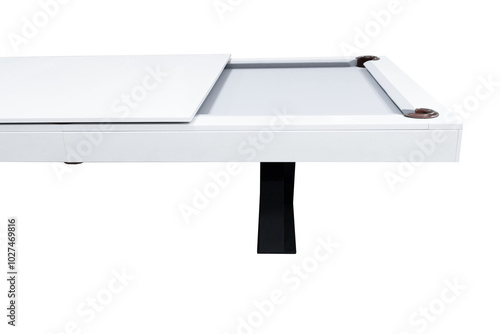 White billiard table. Beautiful billiard table isolated on white background. Picture of table for playing billiard on white background. Picture of interior item for game.