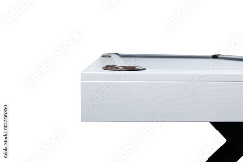 White billiard table. Beautiful billiard table isolated on white background. Picture of table for playing billiard on white background. Picture of interior item for game.