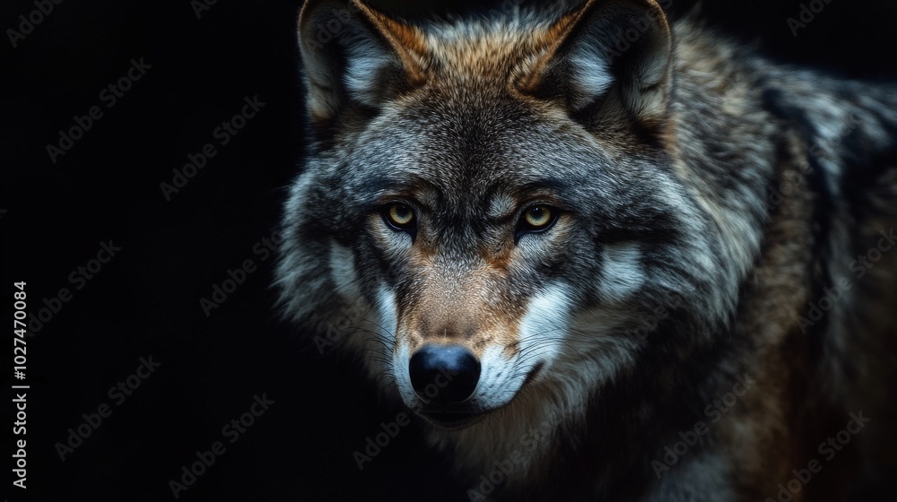Fototapeta premium Intense grey wolf staring on black background