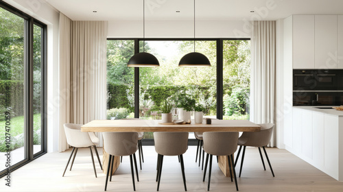 A modern dining room featuring wooden table surrounded by stylish chairs, large windows allowing natural light, and view of lush garden. space exudes serene and inviting atmosphere