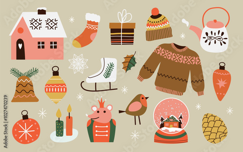 Cute vector set with Christmas illustrations. Gifts, house, Christmas tree, rat king, Christmas decorations, sweater, pine cone, candles, hat, skates,  bird, cloud. New year's decoration elements.