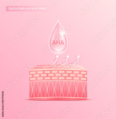 Pink drop serum on the skin layer. AHA Alpha Hydroxy Acid solution the small size of molecules it exfoliates the skin surface and dead cells. For cosmetics ads. Medical beauty science. Vector EPS10.