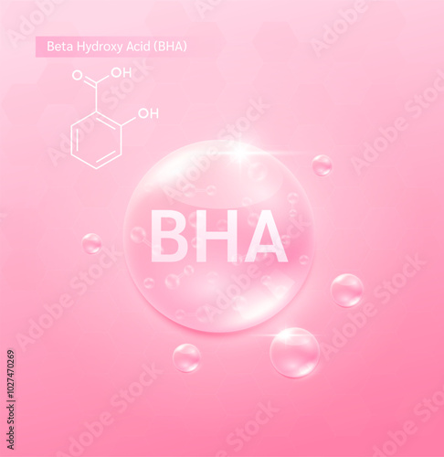 BHA Beta Hydroxy Acid solution pink and chemical structure formula. Serum skin care face for cosmetics ads. Medical beauty science. Vector EPS10.