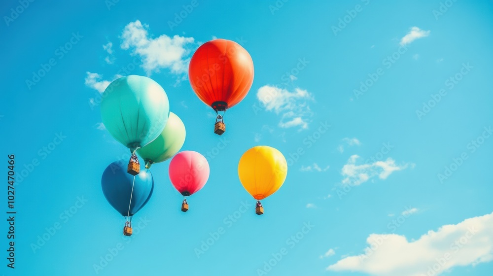 A vibrant group of balloons rises into the sky, creating a cheerful display under the warm sunshine on a clear day. Generative AI A vibrant group of balloons rises into the sky, creating a cheerful display under the warm sunshine on a clear day. Generative AI